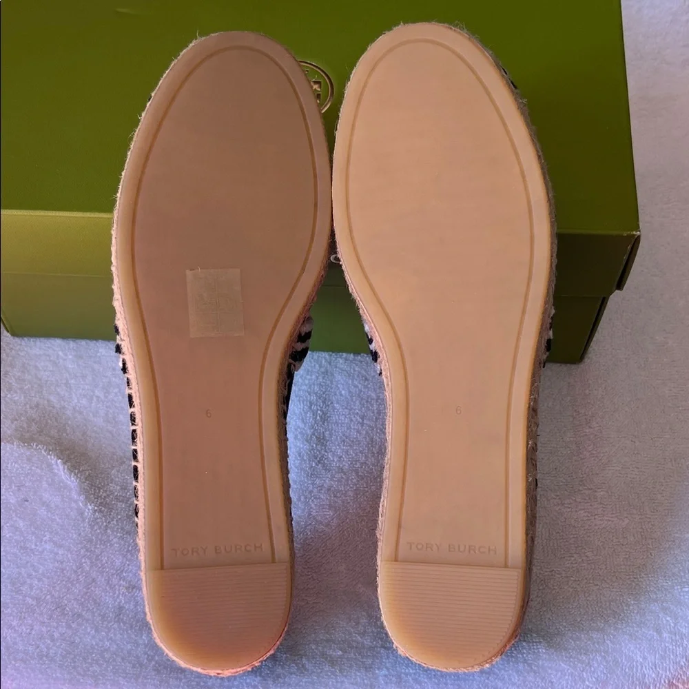 Tory Burch Black and Natural Stripe Espadrille Slip-Ons